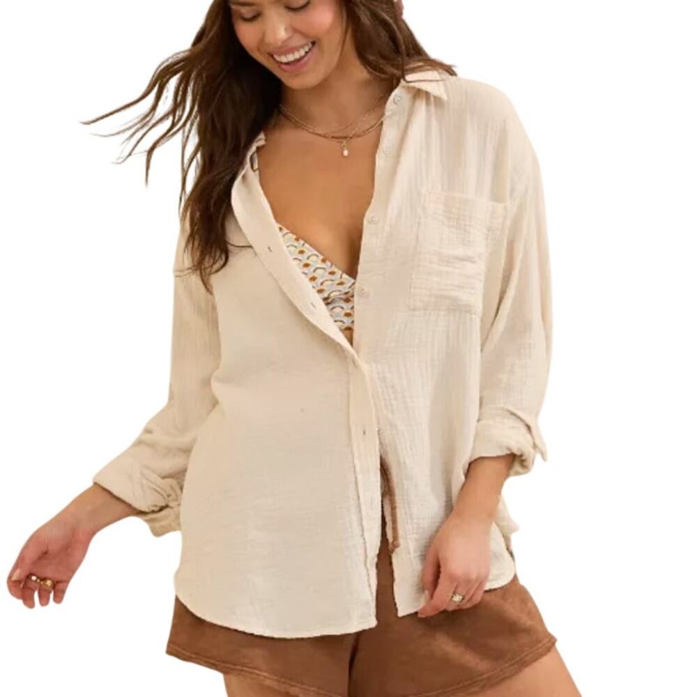 Aerie Gauzy Coverup Shirt L Oversized Button Front Textured Pool to Party Beige - Picture 10 of 10